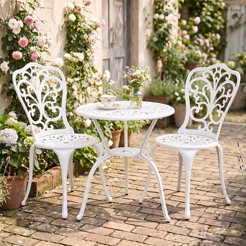 Ensemble de 2 tables et chaises bistro avec trou pour parasol, blanc, Blanc