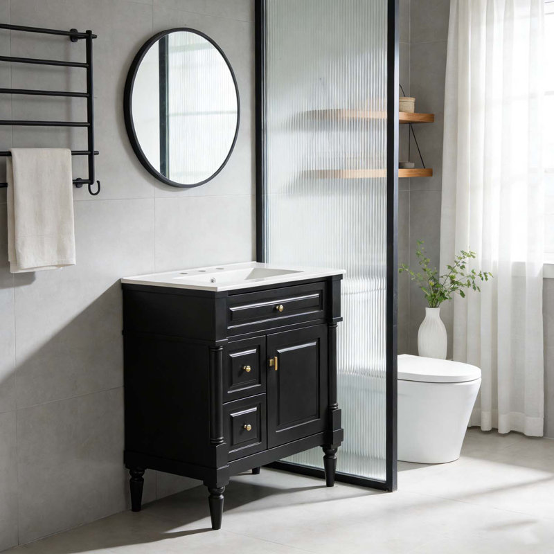 Meuble-lavabo de 30 pouces avec lavabo, tiroir rabattable et tablette réglable pour un rangement élégant, Noir