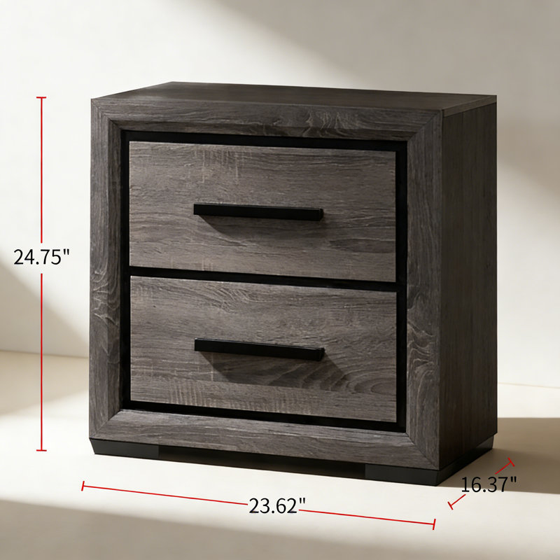 Table de chevet grise 1pc avec 2 tiroirs et placage de papier noir