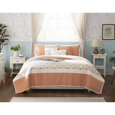6 pièces de courtepointe en coton corail, grand / grand, avec coussins décoratifs en satin pour la chambre à coucher, literie grand corail et coussins décoratifs, style