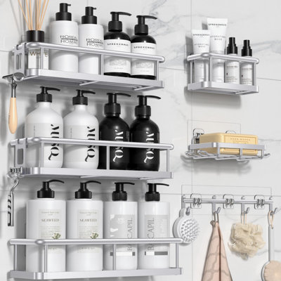 No Drilling Rustproof Shower Caddy 6 Pack - Large Capacity with Soap Holder & 12 Hooks