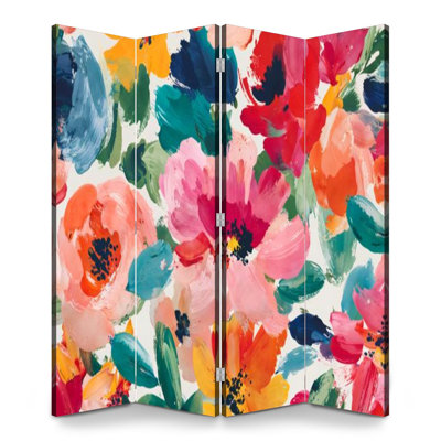 Cloison pliante 4 panneaux à paravents à fleurs abstraites et plantes florales à l'aquarelle
