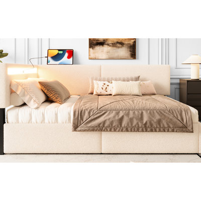 Lit simple simple avec tête de lit tapissier, 2 tiroirs de rangement, chargement, lattes en bois massif, sans sommier, beige, confortable pour les petites pièces, molleton doux, assise ergonomique, esthétique Mid-Century