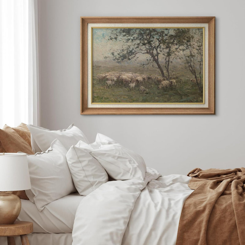 Rustic Countryside " IDEA4WALL Premium Framed Wall Art Sheep Grazing Rustic Farmland Nature Wilderness Illustrations Fine Art Farmhouse/Country Decorative Rustic Vintage Antique Classic For Bedroom "