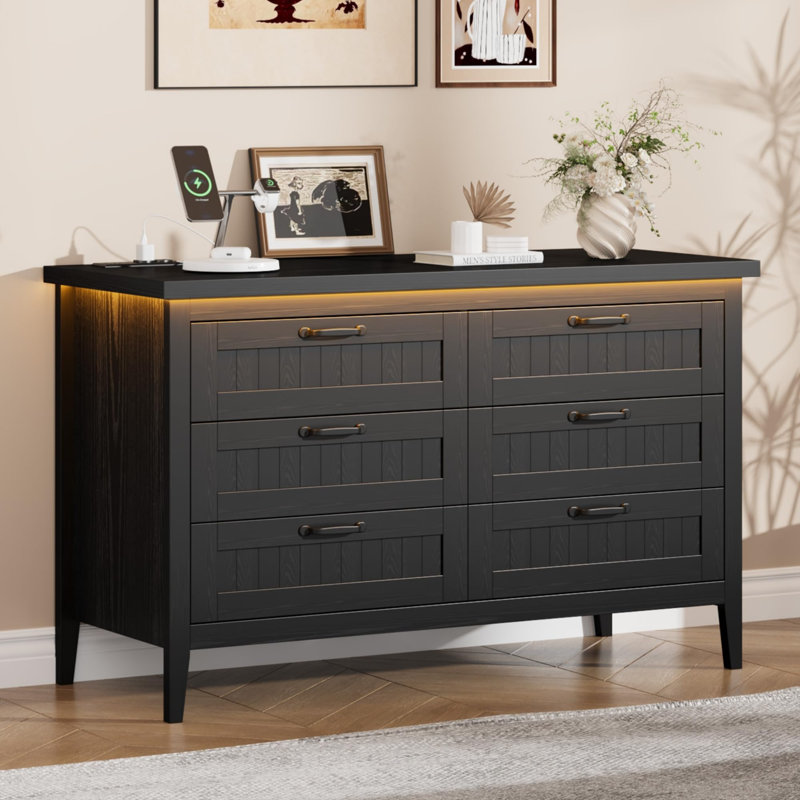 Farmhouse Drawer Dresser with Charging Station & LED Lights, Slim Wooden Bedroom Dresser, Black/6 draws