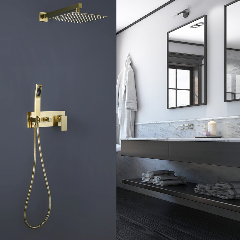 Wall Mounted Complete Shower System With Pressure Balanced Valve, Brushed Gold