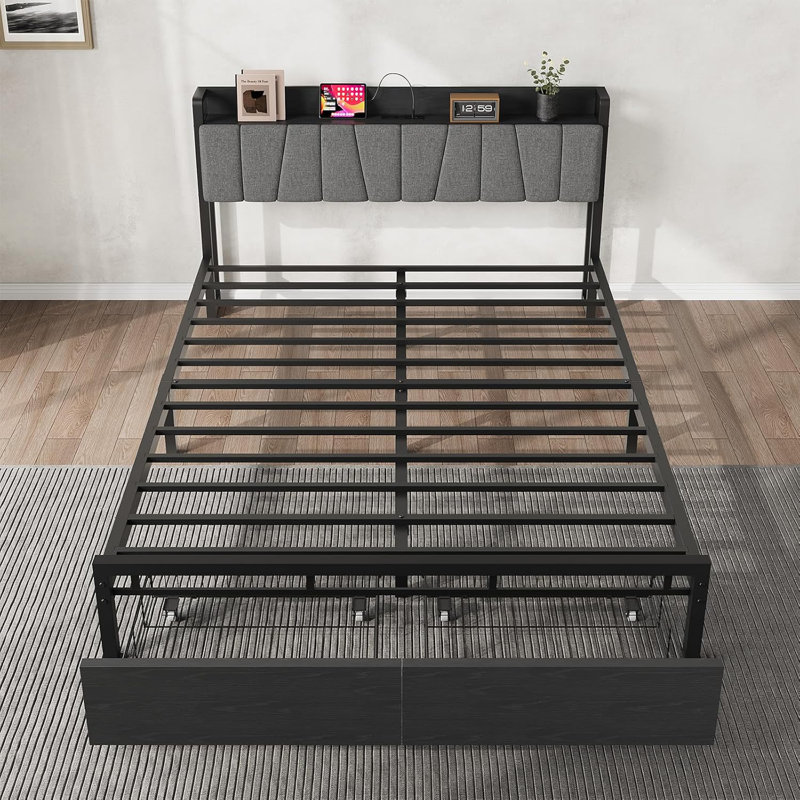 Bed with Storage Headboard, with 2 Large Drawers and Charging Station, No Box Spring Needed Bed, Full 