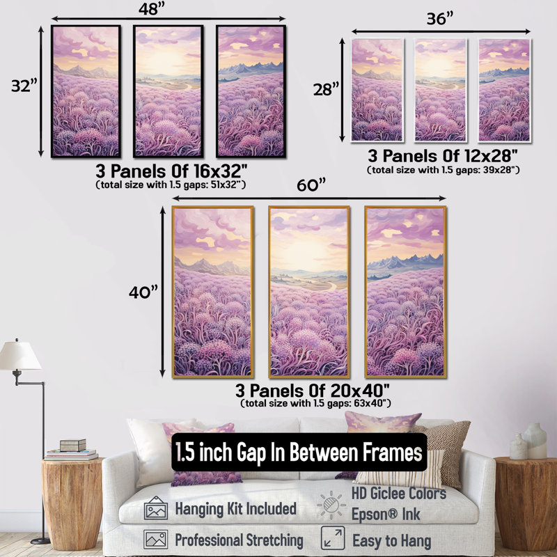 «Magical Lilac Flowers Field», ensemble de reproductions d'art mural, Cadre flottant blanc, H 32 po x l 48 po x P 1 po