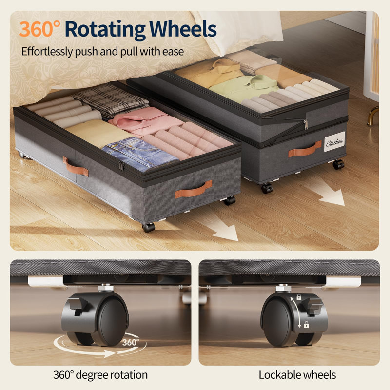 Rangement sous le lit 90L avec roulettes, hauteur réglable, paquet de 2, gris