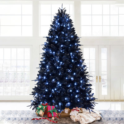 Arbre de Noël noir de 7 pi avec 450 lumières DEL blanches, arbre artificiel en PE + PVC à 1916 pointes pour décoration d'Halloween et des Fêtes, structure à charnières avec support en métal stable