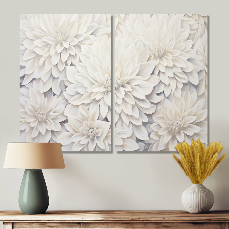 «White Dahlia Charm Collage», art mural blanc, 36" H x 48" W, Toile tendue, Does Not Apply