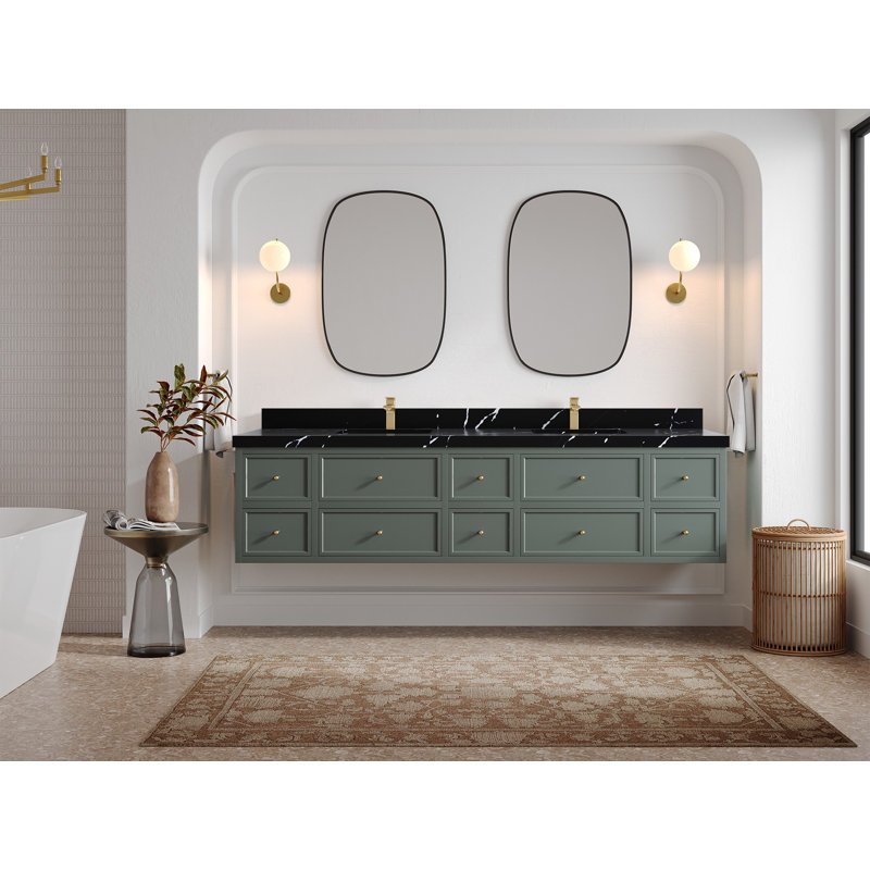Roswell Floating 84'' Double Bathroom Vanity with Quartz Top, 2 IN Calacatta Black