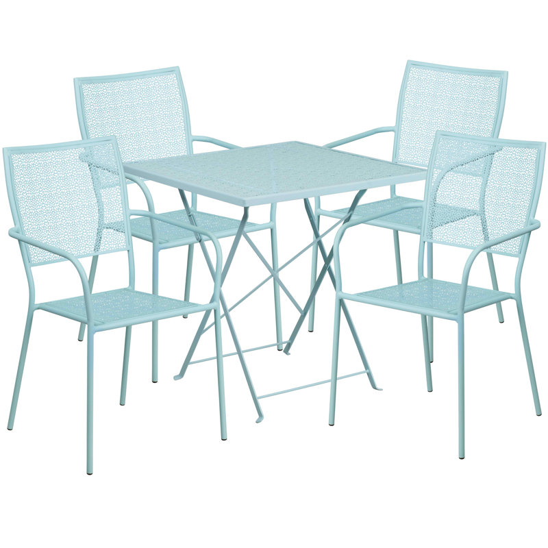 Raiden 28'' Square Indoor-Outdoor Folding Patio Table Set with 4 Square Back Chairs, Sky Blue