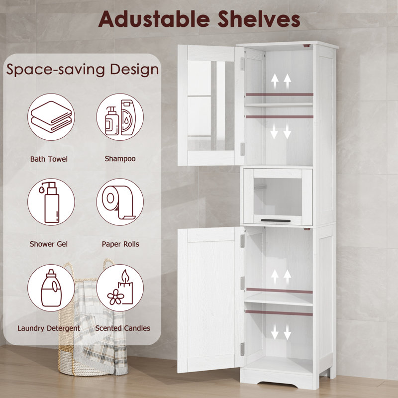 Bathroom Cabinet,Freestanding Narrow Cabinet With Adjustable Shelves, White