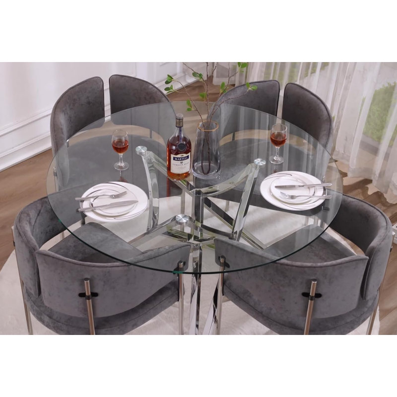 Table de salle à manger ronde de 47 pouces avec plateau en verre transparent et base en croix polie, Argent argent