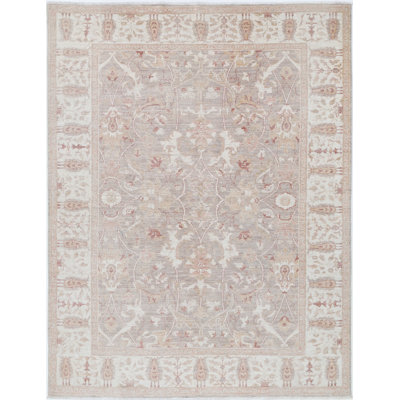 Tapis en laine noué à la main beige, rosé et taupe 6 x 8 pi, tapis à motif floral traditionnel