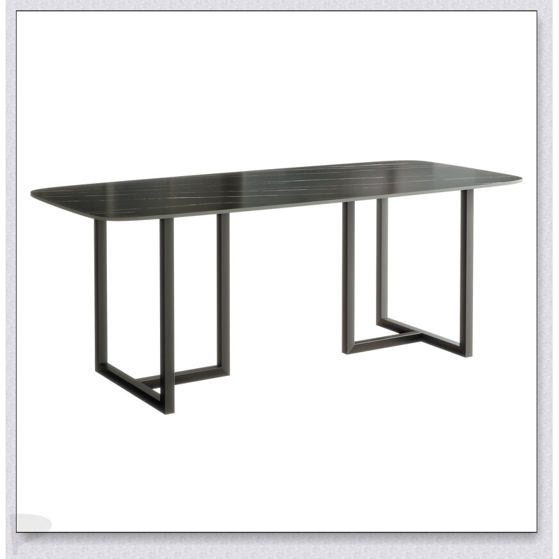 Élégante table de salle à manger en acier au carbone avec pierre noire Lauren, durable et élégante pour les intérieurs modernes