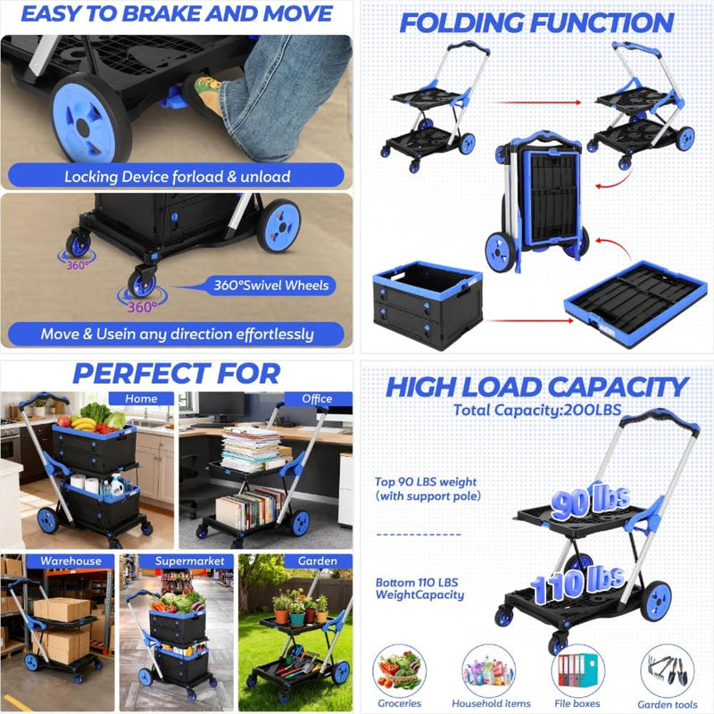 Chariot de magasinage pliable robuste avec roues, chariot à main pliable d'une capacité de 200 lb avec panier de rangement, plateforme et frein à pied