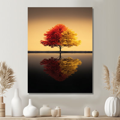 Arbre rouge et jaune dans un lac tranquille - arbre chêne, art mural