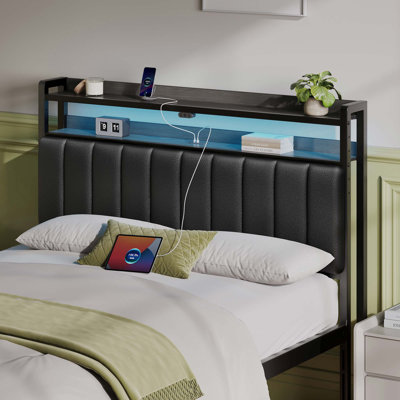 Berte Storage Upholstered Headboard With RGB LED Lights & Charging Station