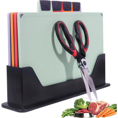 4-Piece BPA-Free Plastic Cutting Board Set with Storage Stand, Dishwasher Safe Chopping Boards for Kitchen Meal Prep