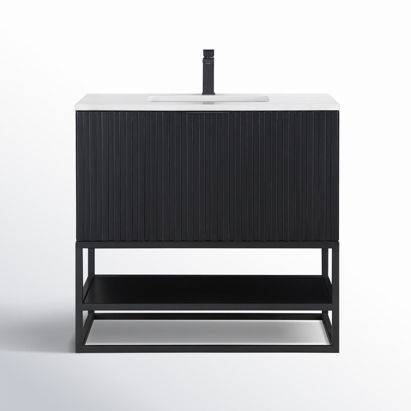 Terra 36'' W Single Vanity, White Quartz/Single Faucet Mount, Midnight Black, Matte Black