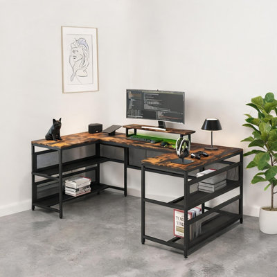 U-Shaped Executive Desk in Wood-Tone Brown with Built-In Power Outlets and Integrated LED Lighting