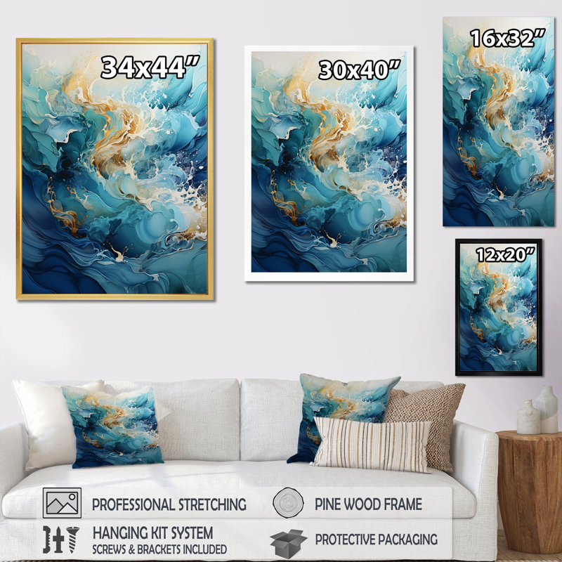 Océan blanc et courants bleus III sur toile, Cadre simple noir, H 44 po x l 34 po x P 1,5 po