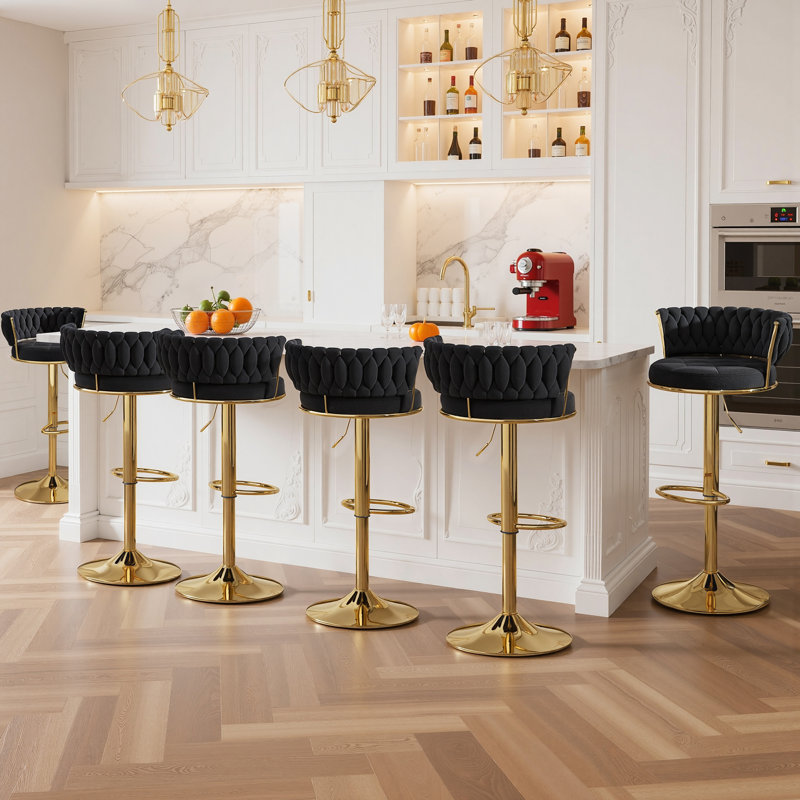 6 Pcs Upholstered Bar Stools With Woven Backrest, Height Adjustable Counter Stools Set Of 6, Swivel Kitchen Stools, Black