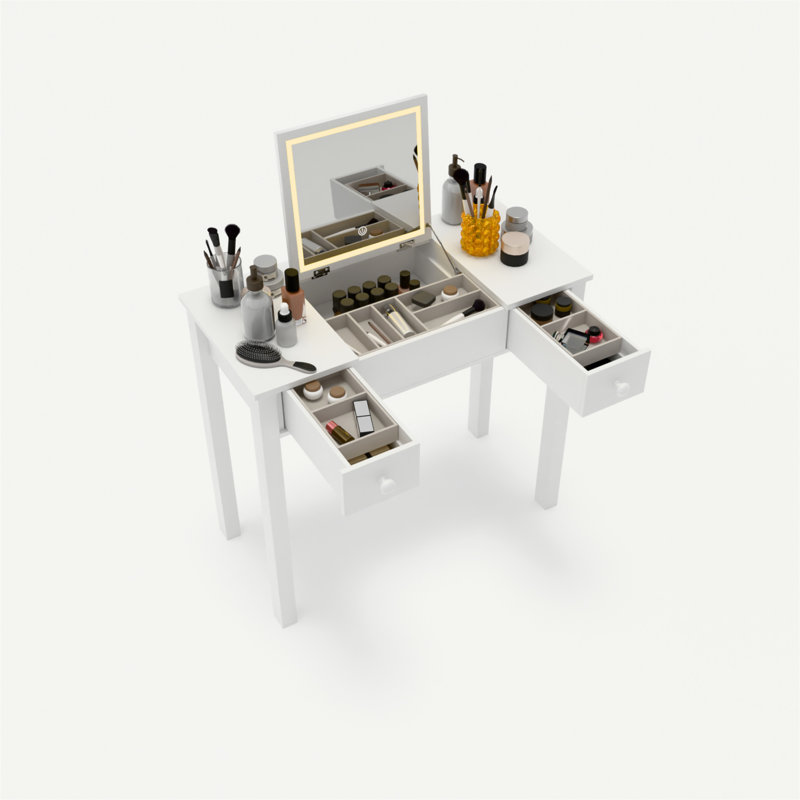 Chic White Vanity Table With LED Lights, Flip-Top Mirror And 2 Drawers, Jewelry Storage For Women Dressing, White