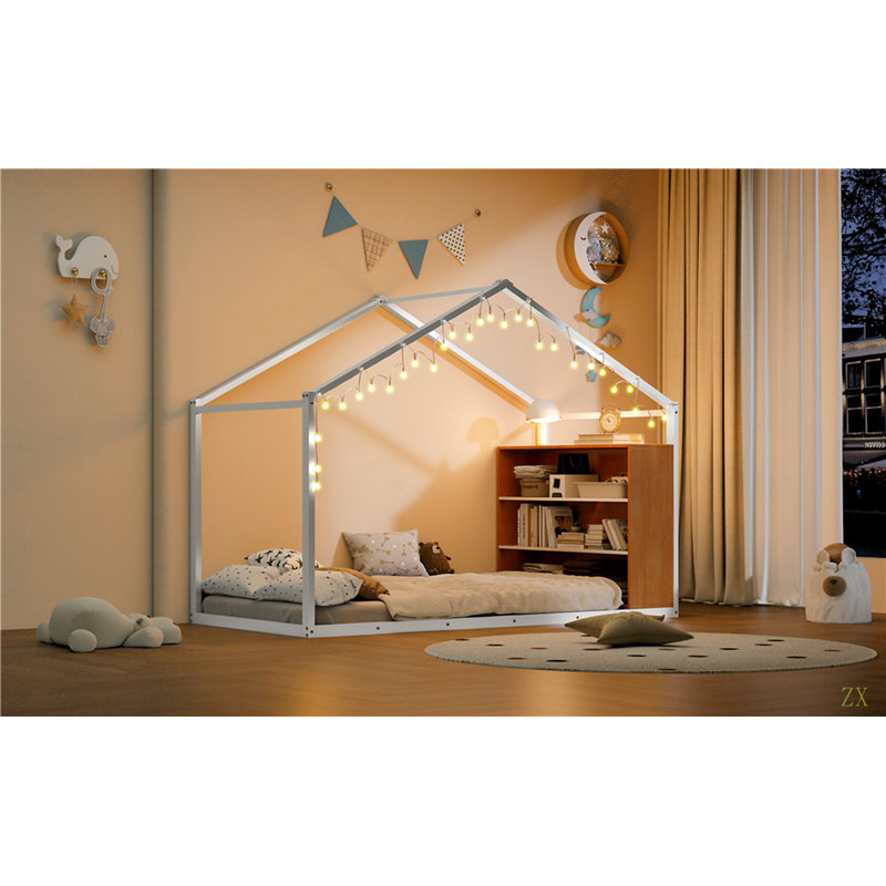 Structure de lit simple en métal avec tablettes et lumières, Blanc