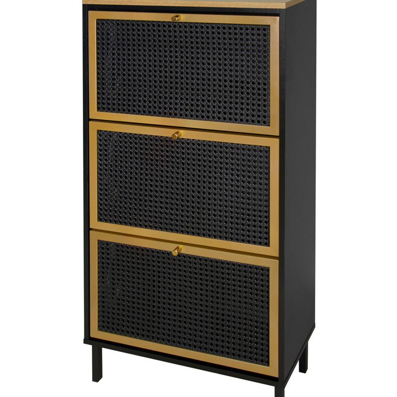 Modern Freestanding Metal Rattan Shoe Rack with 3 Doors for Entryway, Black/Gold