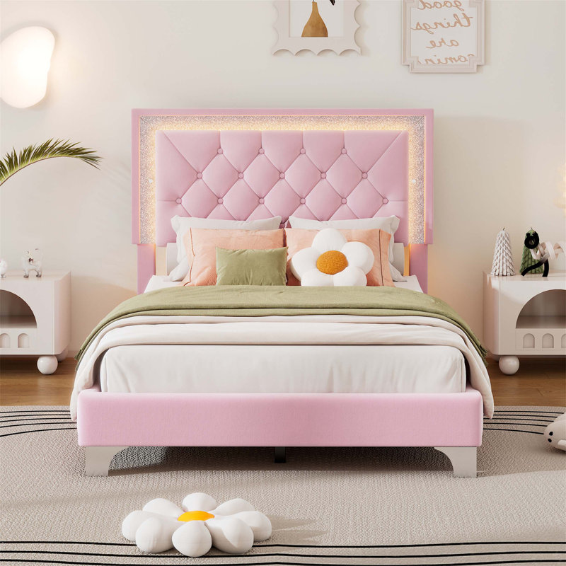 Upholstered Bed Frame with LED Lights, Modern Velvet Platform Bed Featuring Tufted Headboard for Ultimate Comfort, Twin, Pink