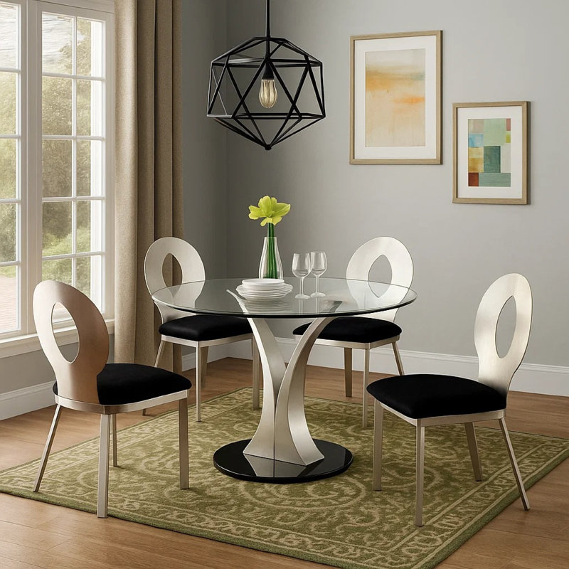 Ensemble de salle à manger 5 pièces Valie, table ronde en verre, 4 chaises modernes, noir argenté