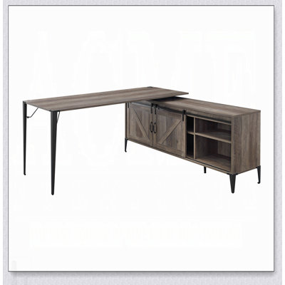 Bureau d'écriture en L avec cabinet, finition en chêne rustique et portes de grange coulissantes pour bureau à domicile moderne