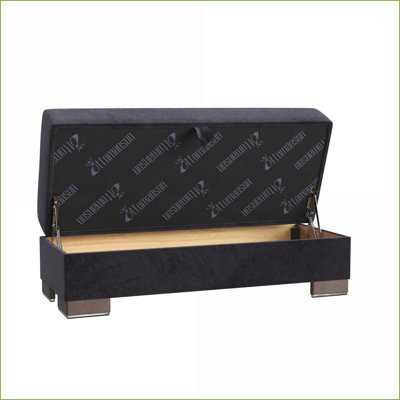Repose-pieds avec rangement, microfibre noire - moderne pour les petits espaces | Brun foncé | Pieds en bois