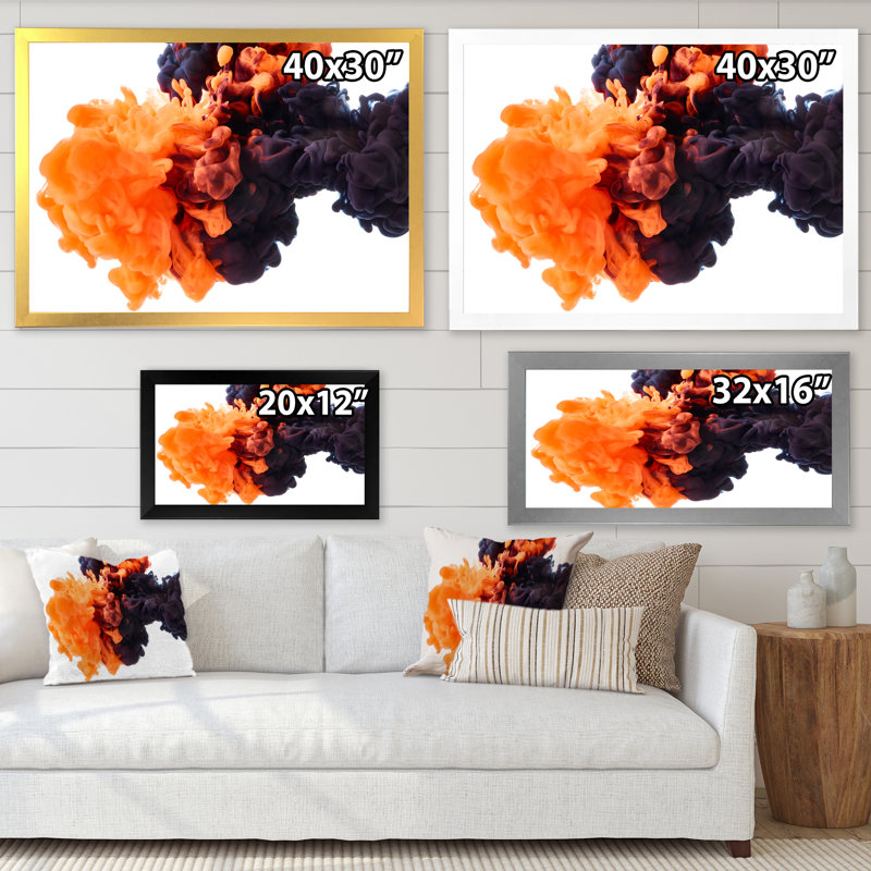Orange et noir dansant des nuages d'encre - Photographie sur toile, Cadre noir, H 30 po x l 40 po