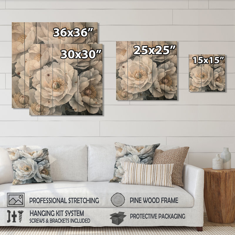 Frosted Monochrome Peonies Flowers III - Peonies Wood Wall Art - On Natural Pine Wood, 25" H x 25" W x 0.78" D