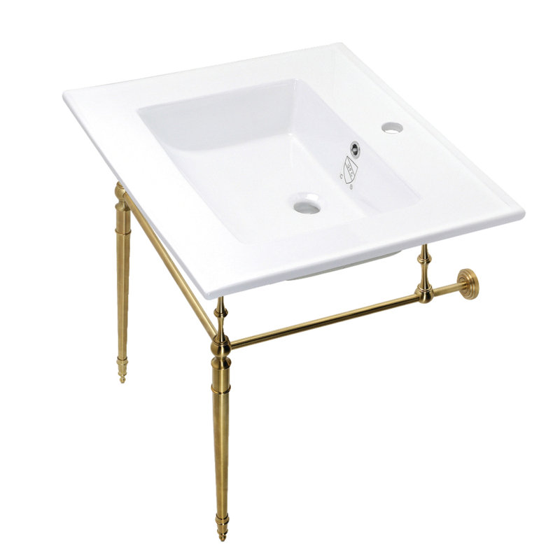 Kingston Brass Edwardian 25-Inch Ceramic Console Sink with Brass Legs (1-Hole), White/Brushed Brass