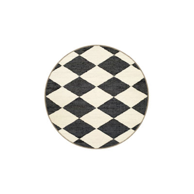 Black Rhombus Geometric Woven Base Washable Rug