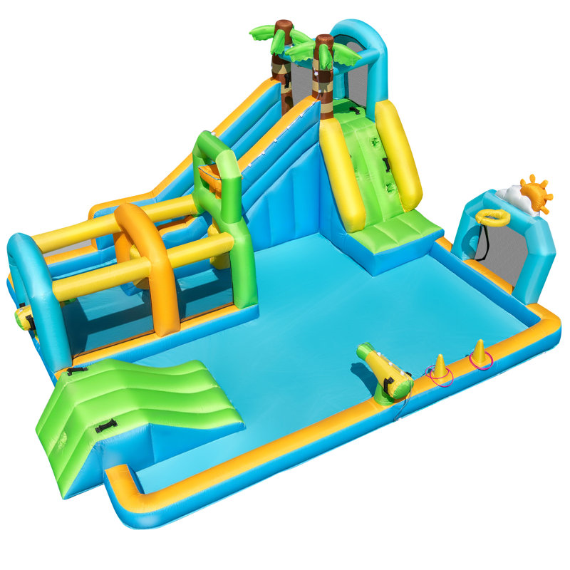 Parc aquatique gonflable avec mur d'escalade et cible de basketball sans ventilateur