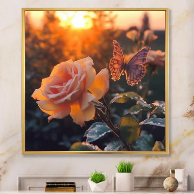 Papillon sur une rose rose au lever du soleil