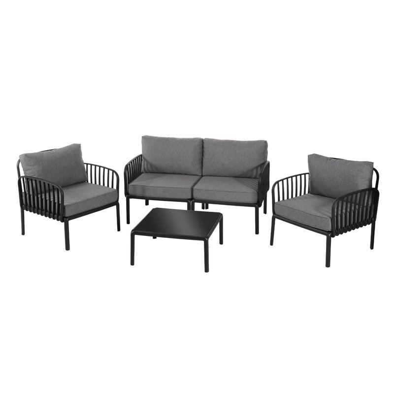 Ensemble de conversation modulaire d'extérieur 5 pièces avec table basse et coussins profonds, noir et gris, Gris / Noir