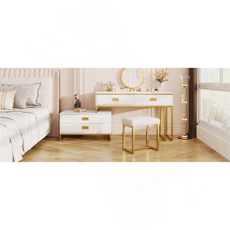 GO Modern Style Vanity Table With Movable Side Cabinet And 4-Drawers, Large Size Dressing Table With Mirror And 3-Colours LED Light, Makeup Table With Stool, White, Golden Legs