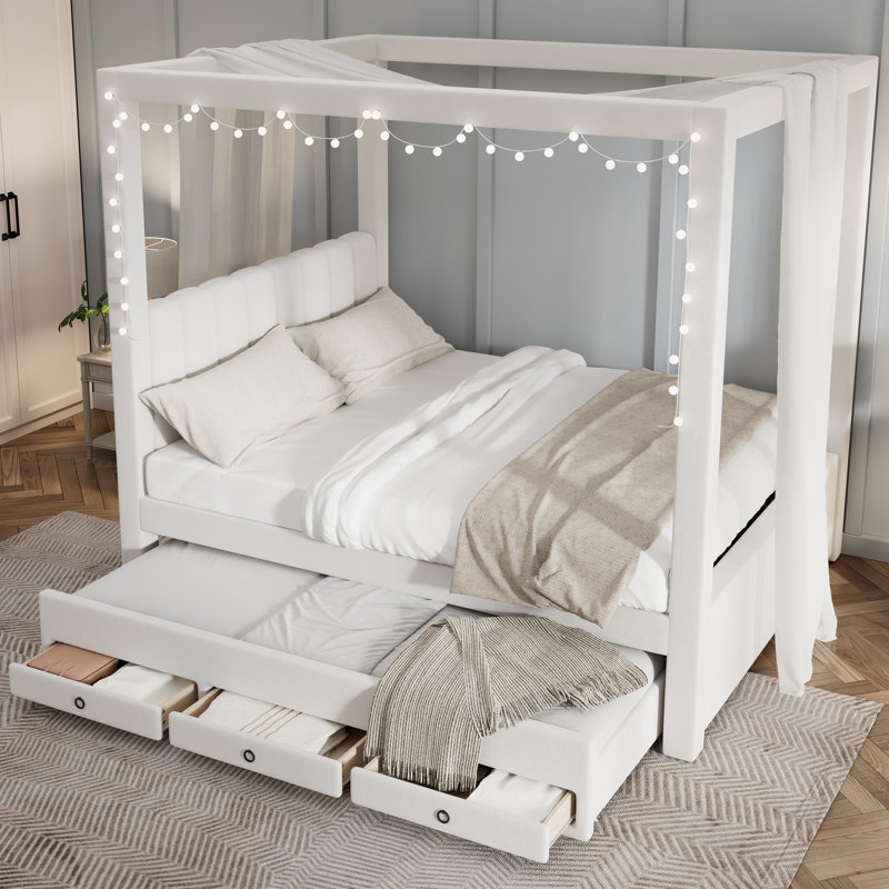 Lit plateforme à baldaquin avec lit gigogne et trois tiroirs de rangement Upholstery, Queen