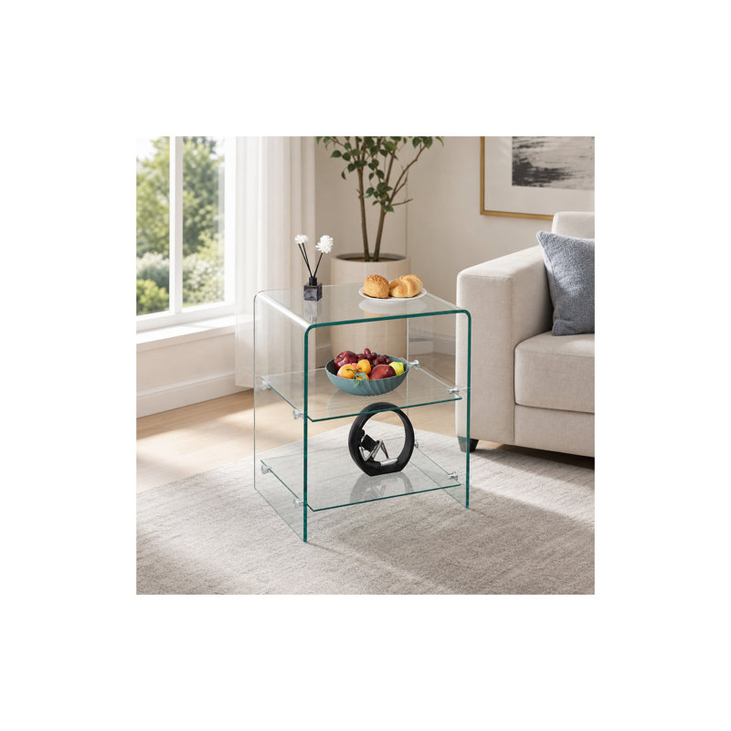  23.6-Inch Clear Bent-Glass End Table with 2 Shelves