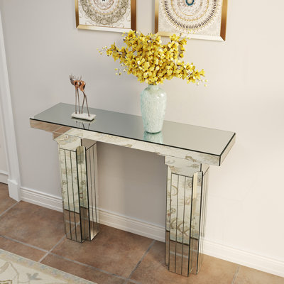 Console moderne à miroir avec rangement ouvert et design rectangulaire