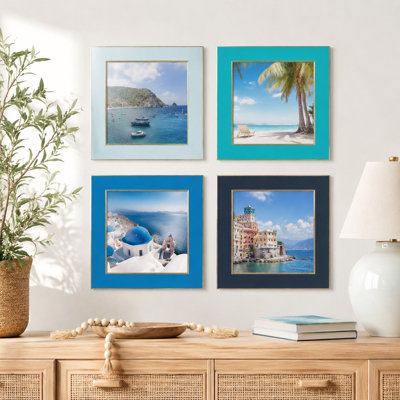 Ensemble de cadres photo, verre trempé, plateau de table ou mur, bordure dorée, moderne