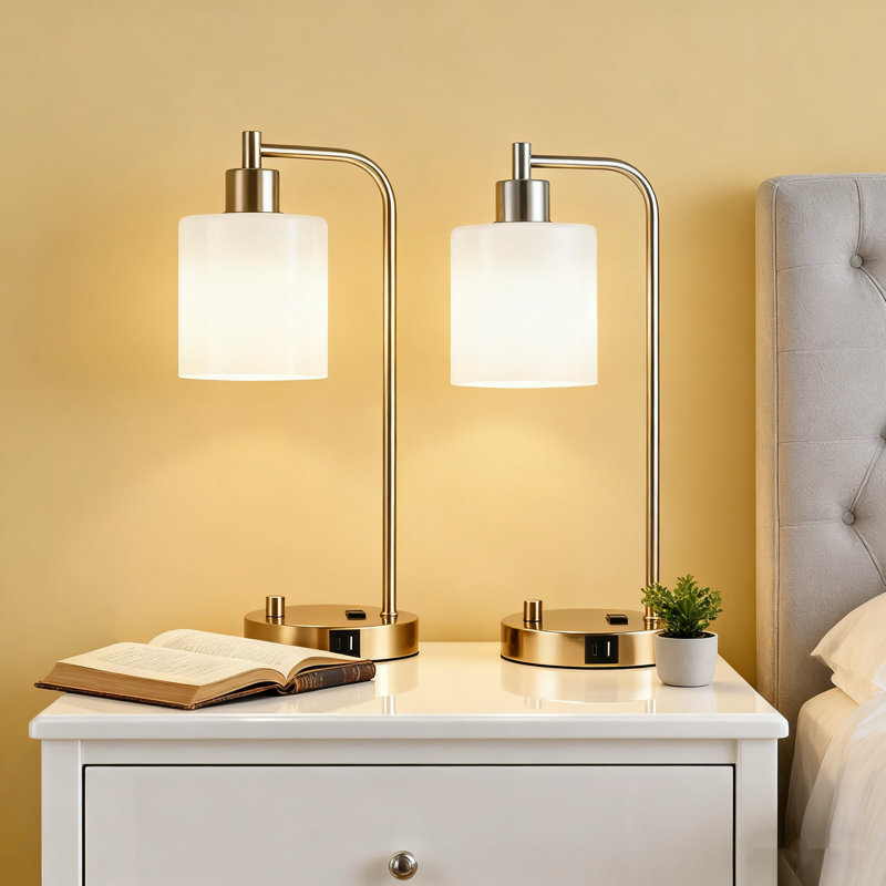 Set Of 2 Industrial Bedside Lamps With USB C And A Charging Ports & AC Outlet, Fully Stepless Dimmable Table Lamps With Opal Glass Shade For Bedroom Office Reading, Includes LED Bulbs