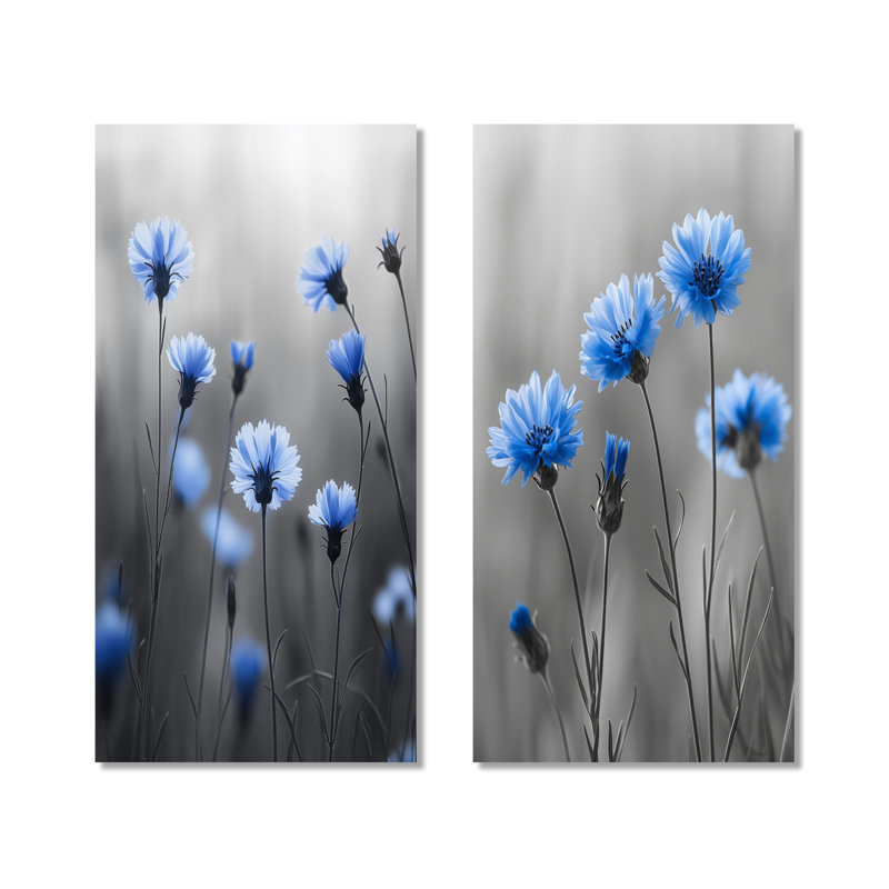 Meadows Of Blue Cornflowers I - Cornflowers Wall Art 2 Pieces Set, Toile tendue, H 28 po x l 24 po